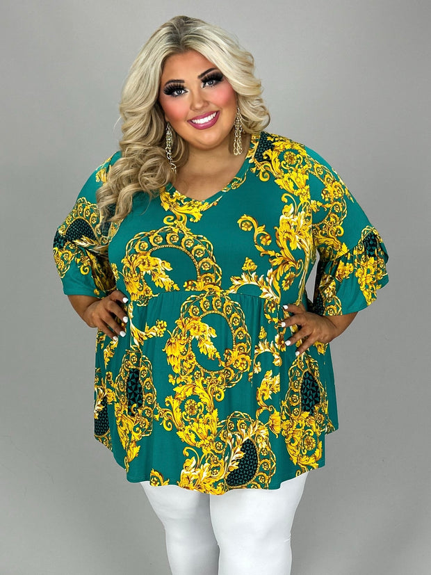 76 PSS {No Complaints} Jade/Gold Print Babydoll Tunic EXTENDED PLUS SIZE 3X 4X 5X