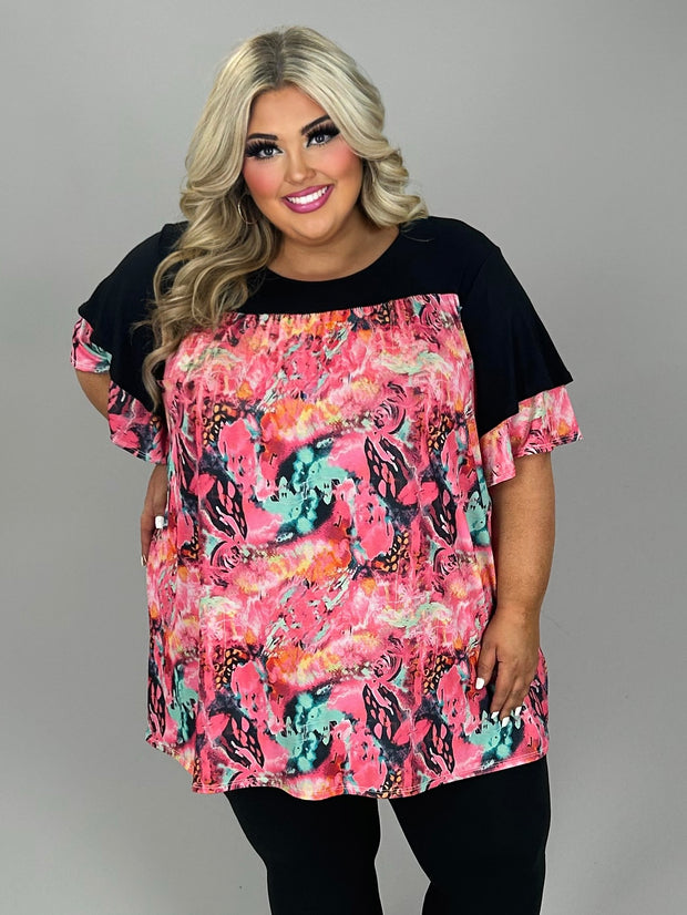 56 CP {On My Own} Fuchsia Print Tunic w/Black Contrast EXTENDED PLUS SIZE 3X 4X 5X
