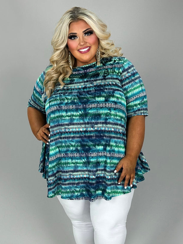 41 PSS {Sweet Oasis} Teal Stripe Print Rounded Hem Top EXTENDED PLUS SIZE 3X 4X 5X