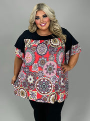 92 CP {Ready To Go} Red Mandala Print Tunic w/Black Contrast EXTENDED PLUS SIZE 3X 4X 5X
