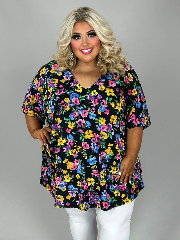 57 PSS {Gonna Be A Good Day} Black Floral V-Neck Top Curvy Brand!!! EXTENDED PLUS SIZE 4X 5X 6X (May Size Down 1 Size)