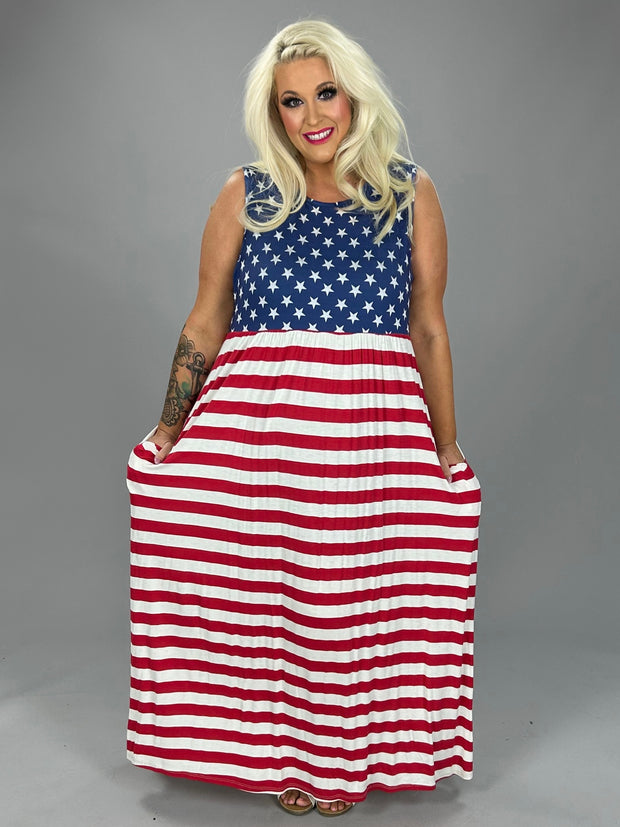 LD-Q {Red White & Blessed} Patriotic Print Babydoll Maxi Dress PLUS SIZE XL 2X 3X