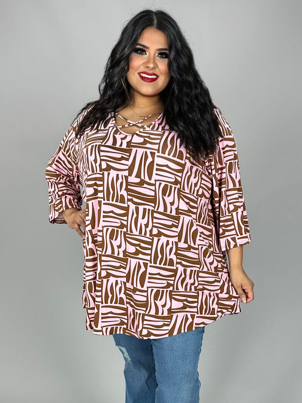 63 PSS {Every Which Way} Pink/Brown Print Criss-Cross Top CURVY BRAND!!! EXTENDED PLUS SIZE 3X 4X 5X (True to Size)
