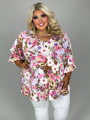 52 PQ-Q {Let It Be Now} Mocha/Pink Floral V-Neck Top CURVY BRAND!!! EXTENDED PLUS SIZE 4X 5X 6X (May Size Down 1 Size)