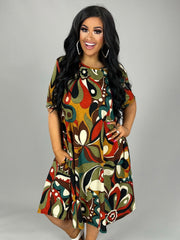 54 PSS-A {Fan Favorite} Brown Abstract Print Dress Plus 1X 2X 3X