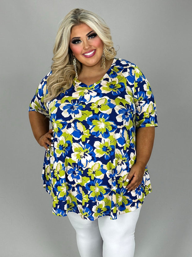 63 PSS {Bold Touch} Navy/Green Floral V-Neck Top EXTENDED PLUS SIZE 3X 4X 5X  (True To Size)