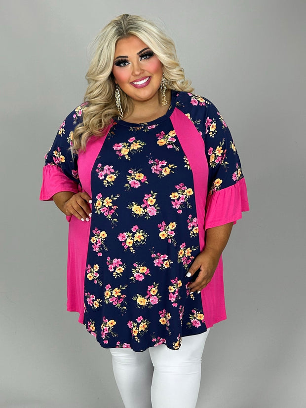 91 CP-J {Darling Curvy}Navy Floral Tunic w/Fuchsia Contrast CURVY BRAND!!! EXTENDED PLUS SIZE 4X 5X 6X (May Size Down 1 Size)