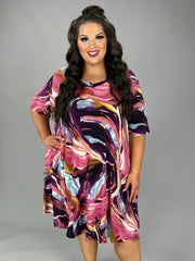 14 PSS-B {Just Relax} Fuchsia/Multi Color Print V-Neck Dress EXTENDED PLUS SIZE 3X 4X 5X