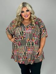 27 PSS-H {Bring The Party} Multi-Color Print V-Neck Top CURVY BRAND!!!  EXTENDED PLUS SIZE 4X 5X 6X (May Size Down 1 Size)