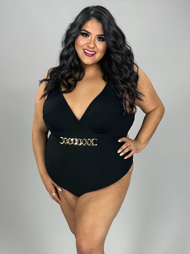 SWIM-F {Island Hopping} Black Belted One Piece Swimsuit EXTENDED PLUS SIZE 4X