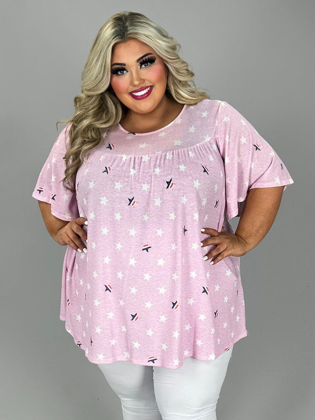 40 PSS {Star Performer} Pink Waffle Knit Star Print Top EXTENDED PLUS SIZE 4X 5X 6X