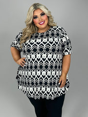 48 PSS {Interesting View} Black/Ivory Print Rounded Hem Top EXTENDED PLUS SIZE 3X 4X 5X