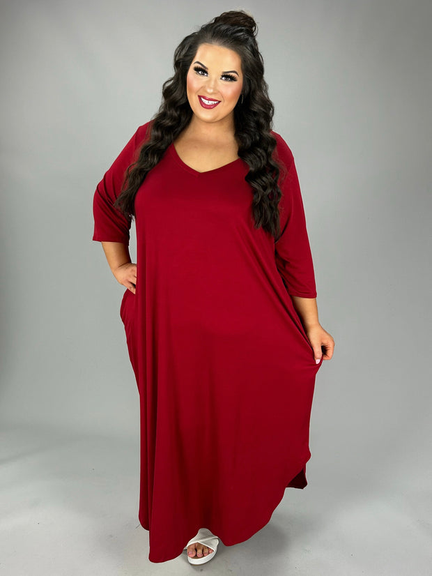 LD-H {Relax More Often} Burgundy V-Neck Maxi w/Pockets CURVY BRAND!!!  EXTENDED PLUS SIZE 4X 5X 6X (May Size Down 1 Size)