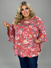 89 PQ-Z {Classic Gal} Brick Red Floral Bell Sleeve Top EXTENDED PLUS SIZE 3X 4X 5X