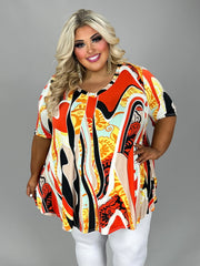 65 PSS {Musical Motives} Burnt Orange Mixed Print Top  EXTENDED PLUS SIZE 4X 5X 6X (May Size Up 1 Size)