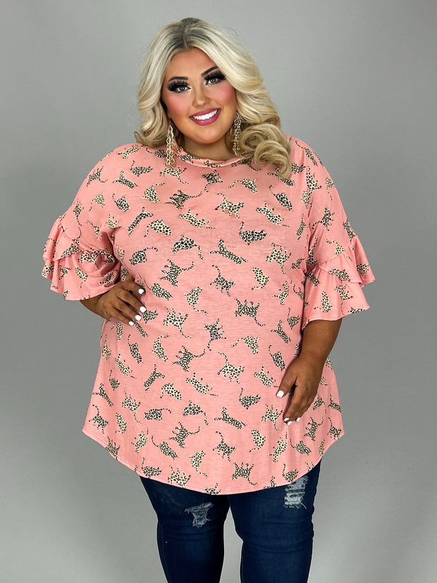 11 PSS {Leopard Party} Pink Leopard Print Ruffle Sleeve Top EXTENDED PLUS SIZE 4X 5X 6X