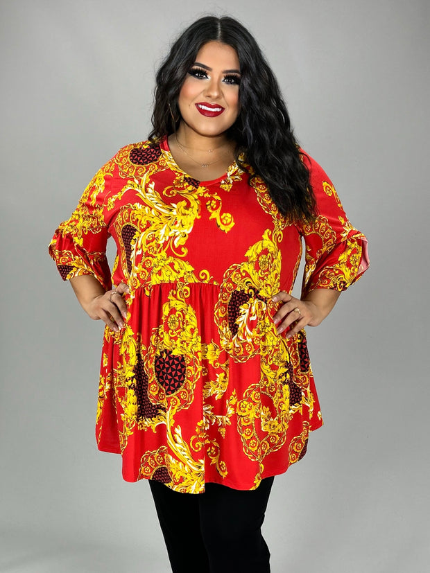 80 PSS {Best In Bold} Red/Gold Print Babydoll Tunic EXTENDED PLUS SIZE 3X 4X 5X