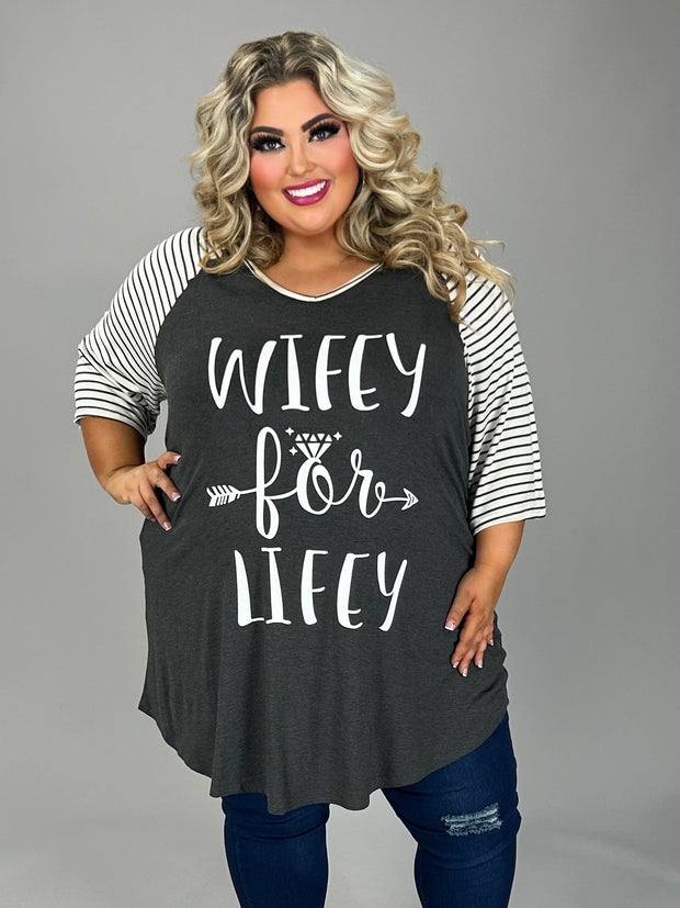 14 GT {Wifey For Lifey} Charcoal Striped Sleeve Graphic Tee CURVY BRAND!!!  EXTENDED PLUS SIZE XL 2X 3X 4X 5X 6X (May Size Down 1 Size)