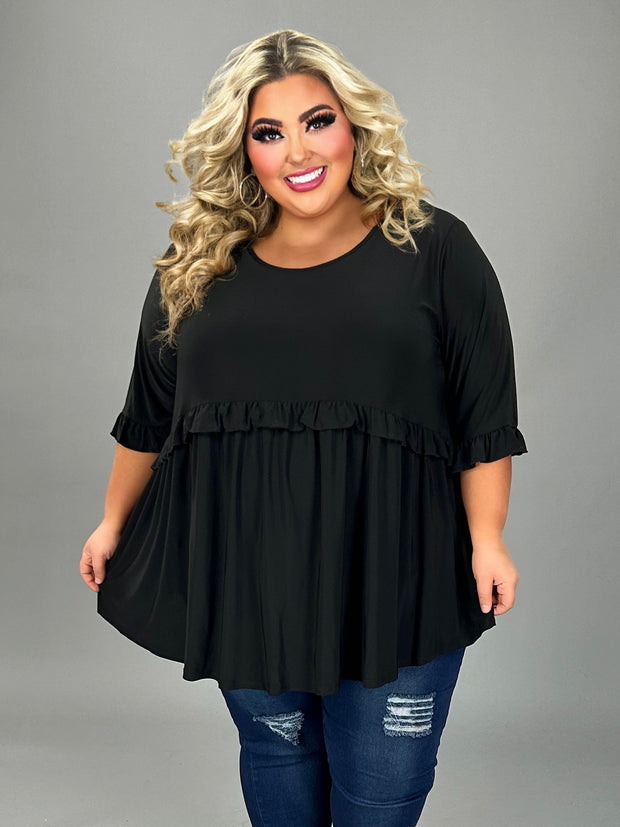 12 SQ {Great Ambition} Black Ruffled Babydoll Top CURVY BRAND!!!  EXTENDED PLUS SIZE 4X 5X 6X (May Size Down 1 Size)