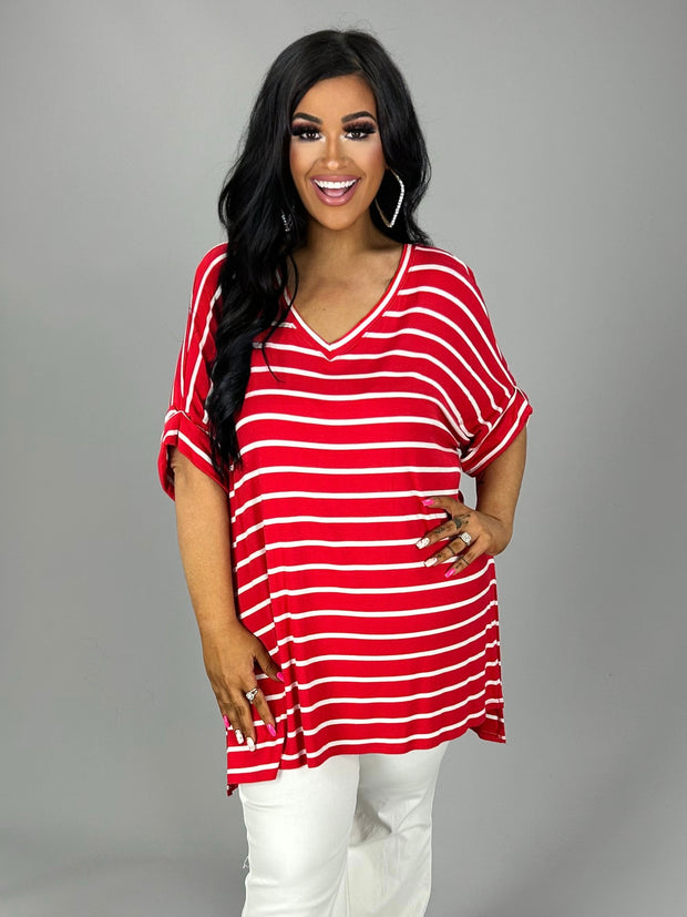71 PSS-P {Earn Your Stripes} Red Striped V-Neck Tunic Plus Size 1X 2X 3X