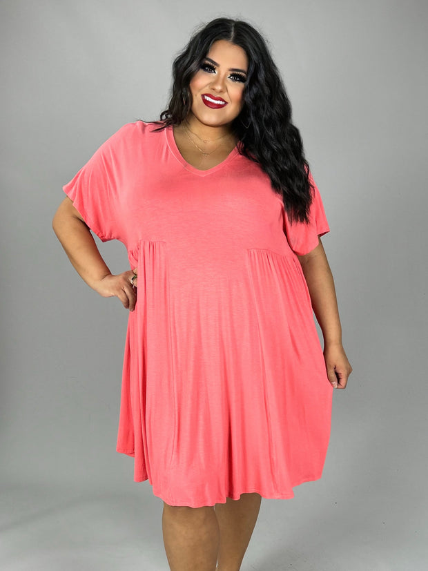 28 SSS-A or LD-A {Curvy Hourglass} Coral V-Neck Dress w/Pleated Detailing CURVY BRAND!!!  EXTENDED PLUS SIZE XL 2X 3X 4X 5X 6X (May Size Down 1 Size)