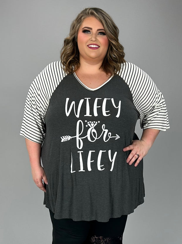 14 GT {Wifey For Lifey} Charcoal Striped Sleeve Graphic Tee CURVY BRAND!!!  EXTENDED PLUS SIZE XL 2X 3X 4X 5X 6X (May Size Down 1 Size)