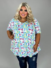 60 PSS {Subtle Charmer} Ivory/Blue Floral V-Neck Top EXTENDED PLUS SIZE 3X 4X 5X (True To Size)