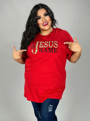 49 GT {In Jesus Name} Red/Leopard Script Graphic Tee PLUS SIZE 1X 2X 3X