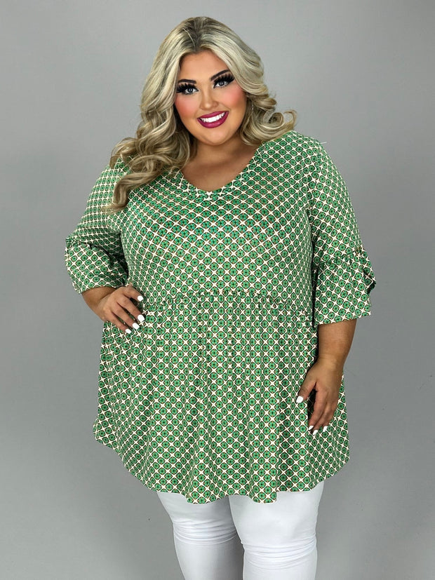 29 PQ {Shades Of Lovely} Green /Orange Print Babydoll Top EXTENDED PLUS SIZE 3X 4X 5X