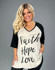 26 GT (Faith-Hope-Love) Oatmeal/Black  Graphic Tee Extended Plus CURVY BRAND (May Size Down 1 Size)