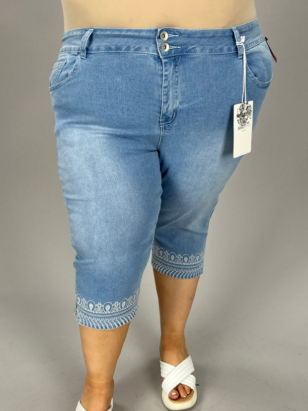 BT-G {Sandpiper} Lt. Blue Mid Rise Capri w/Embroidery EXTENDED PLUS SIZE 22W