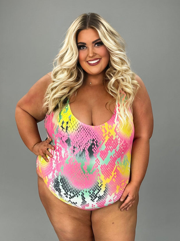 SWIM-P {Fill Your Time} Pink Snakeskin 1 Piece Swimsuit w/Skirt EXTENDED PLUS SIZE 4X