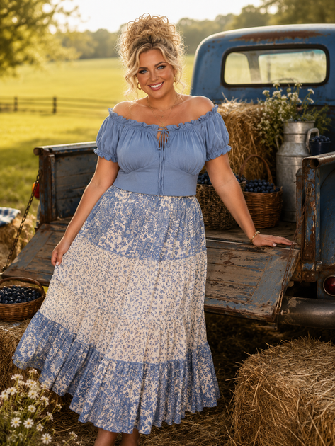 59 OS {Country Chic} Dusty Blue Off Shoulder Top PLUS SIZE 1X 2X