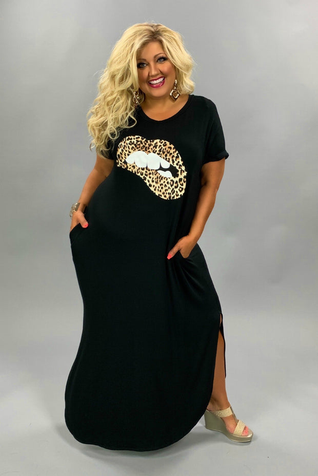 LD-Y {Leopard Queen}  Black Maxi Dress with Leopard  Lips CURVY BRAND  (May Size Down 1 Size)