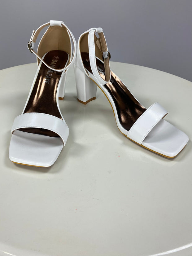 SHOES {Danna Raye} White Ankle Strap Stacked Heel Shoes