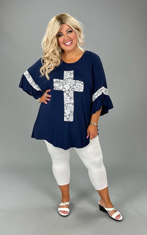 41 SD-T {Mighty Cross} Navy/Ivory Lace Cross & Sleeve Detail Top CURVY BRAND!!!  EXTENDED PLUS SIZE XL 2X 3X 4X 5X 6X (May Size Down 1 Size)
