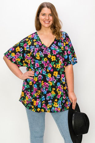 57 PSS {Gonna Be A Good Day} Black Floral V-Neck Top Curvy Brand!!! EXTENDED PLUS SIZE 4X 5X 6X (May Size Down 1 Size)