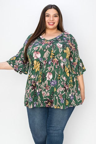66 PSS {Through The Garden} Hunter Green Floral Babydoll Tunic EXTENDED PLUS SIZE 3X 4X 5X