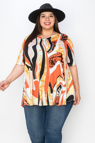 65 PSS {Musical Motives} Burnt Orange Mixed Print Top  EXTENDED PLUS SIZE 4X 5X 6X (May Size Up 1 Size)