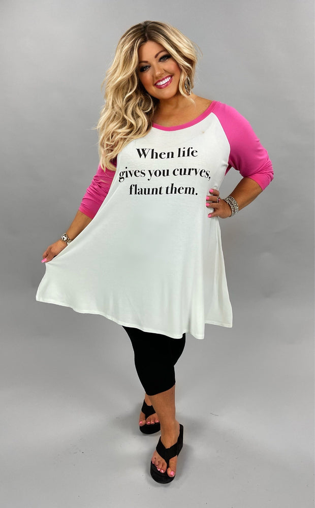 27 GT-D {Flaunt Curves} Pink & Ivory Flaunt Your Curves Graphic Tee CURVY BRAND EXTENDED PLUS SIZE 1X 2X 3X 4X 5X 6X  (May Size Down 1 Size)