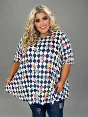 30 PSS {VIP Situation} Ivory/Navy Halequin Print Floral Tunic EXTENDED PLUS SIZE 4X 5X 6X