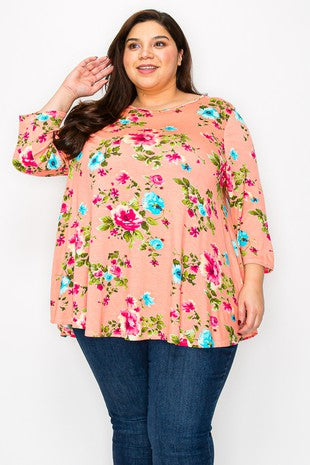 30 PQ {Coral Beauty} Coral Floral Rounded Hem Top EXTENDED PLUS SIZE 4X 5X 6X