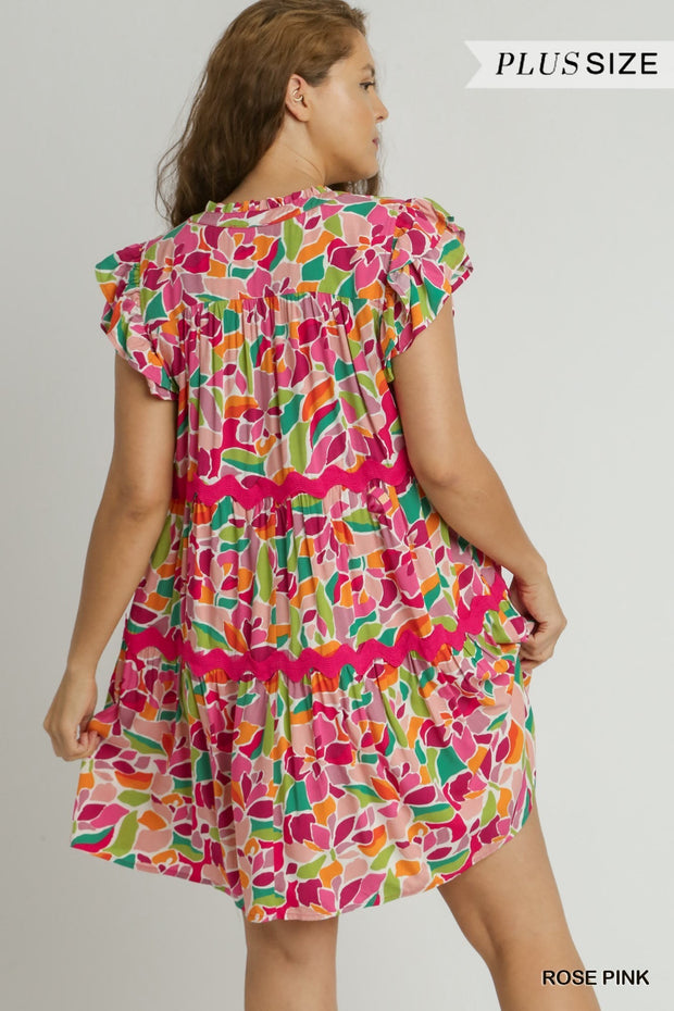 67 PSS {My Brightest Moment} Rose Pink Print Tiered Dress PLUS SIZE XL 1X 2X