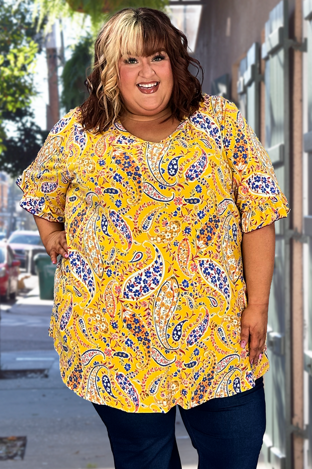67 PSS-C {Absolute Treasure} Yellow Paisley Floral Top PLUS SIZE XL 2X 3X 4X 5X 6X