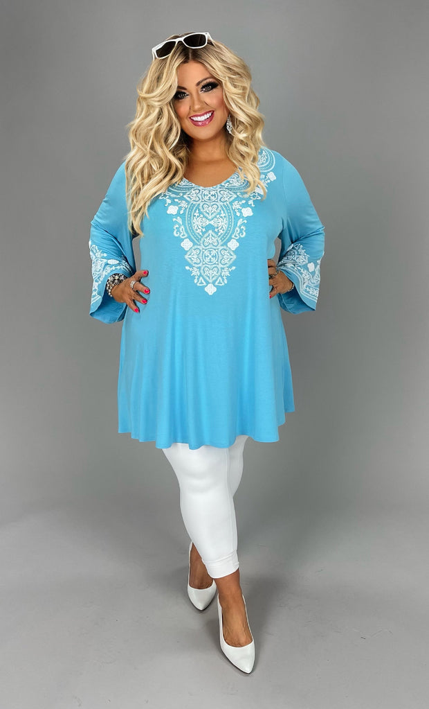 59 SD {Classy Beauty} Aqua V-Neck Embossed Tunic CURVY BRAND!!!  EXTENDED PLUS SIZE XL 2X 3X 4X 5X 6X (May Size Down 1 Size)