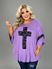 44 SD-S {At The Cross} Lilac/Black Lace Cross & Sleeve Detail Top PLUS SIZE XL 2X 3X 4X 5X 6X