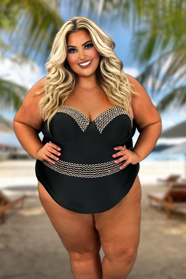 SWIM-H {Sophisticated Swim} Black/Gold One Piece Swimsuit EXTENDED PLUS SIZE 4X