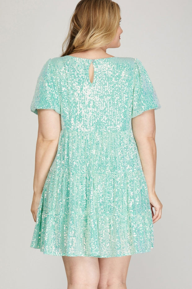 27 SSS {Not Playing Anymore} Aqua Sequin Tiered Lined Dress PLUS SIZE XL 1X 2X