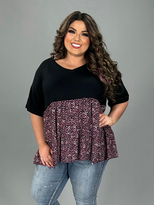 11 CP-A {Style For Every Story} Black Ditsy Floral Tiered Top PLUS SIZE 1X 2X 3X