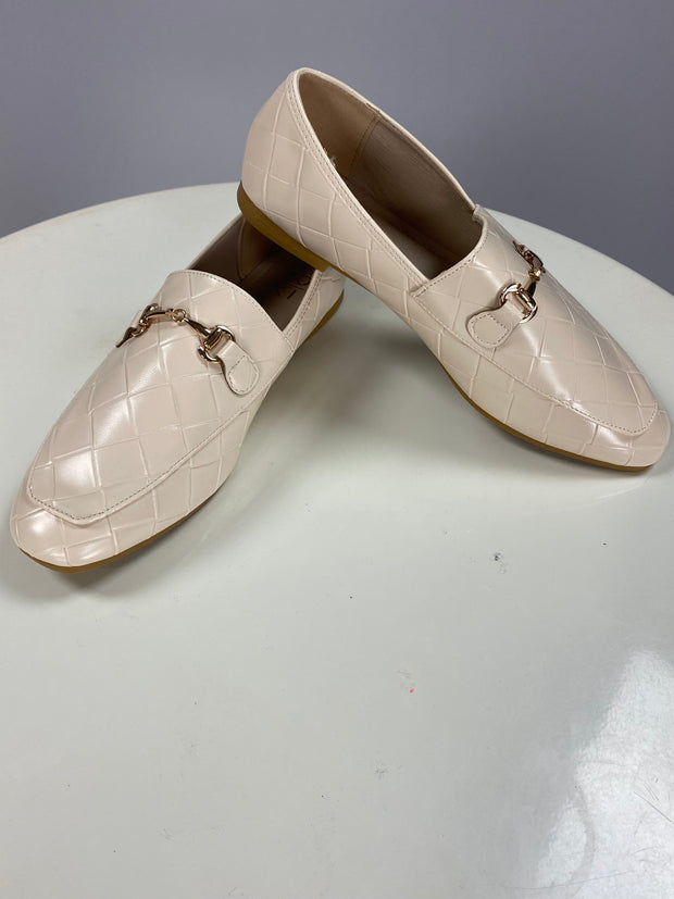 SHOES {YOKI} Taupe Woven Gold Buckle Flat Loafer